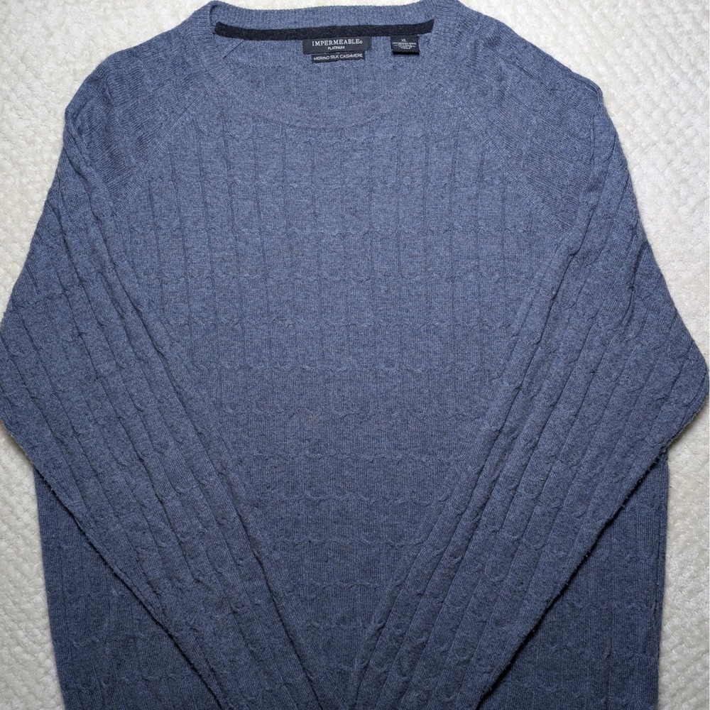 Impermeable Platinum XL Mens Blue Cable Knit Merino Silk Cashmere Luxury Sweater